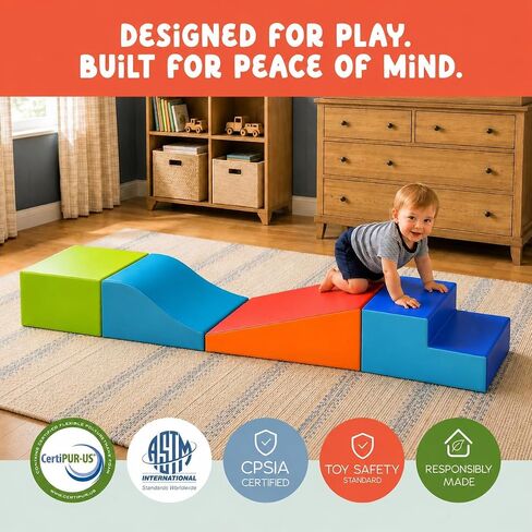 6-Piece Foam Climbing Blocks for Toddlers with Wooden Cars & Sticker Book, Glow in the Dark Race Track Soft Play Set, Indoor Kids Climbing Toys, CertiPUR-US® Foam, PU Leather in Kuwait
