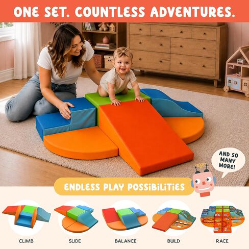 6-Piece Foam Climbing Blocks for Toddlers with Wooden Cars & Sticker Book, Glow in the Dark Race Track Soft Play Set, Indoor Kids Climbing Toys, CertiPUR-US® Foam, PU Leather in Kuwait