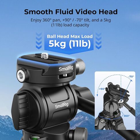 SmallRig Portable Travel Video Tripod, Carbon Fiber Compact Tripod for Outdoor Photography, 5kg Load, Fluid Head with 360° Pan and -70° to 90° Tilt, 180° Reversible Center Column in Kuwait
