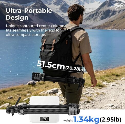 SmallRig Portable Travel Video Tripod, Carbon Fiber Compact Tripod for Outdoor Photography, 5kg Load, Fluid Head with 360° Pan and -70° to 90° Tilt, 180° Reversible Center Column in Kuwait