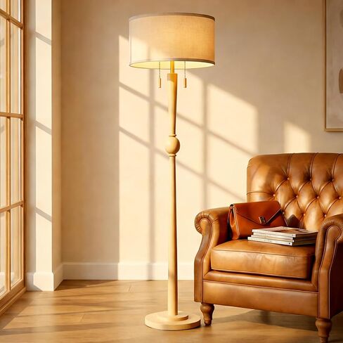 MOFFE Solid Wood Floor Lamp for Living Room with Wooden Pull Chains | 62.8" Tall,Sculptural Wood Base & Stem,17" Linen Drum Shade,2-Light Standing Lamp for Bedroom & Reading Corner,Bulbs Included in Kuwait