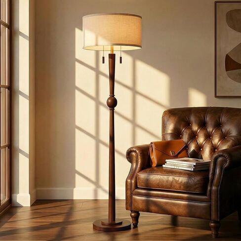 MOFFE Solid Wood Floor Lamp for Living Room with Wooden Pull Chains | 62.8" Tall,Sculptural Wood Base & Stem,17" Linen Drum Shade,2-Light Standing Lamp for Bedroom & Reading Corner,Bulbs Included in Kuwait