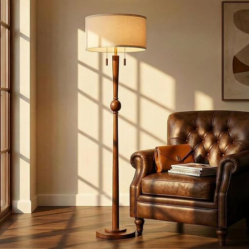 MOFFE Solid Wood Floor Lamp for Living Room with Wooden Pull Chains | 62.8" Tall,Sculptural Wood Base & Stem,17" Linen Drum Shade,2-Light Standing Lamp for Bedroom & Reading Corner,Bulbs Included in Kuwait