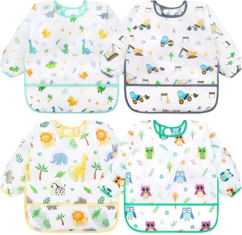 Accmor 4 Pack Long Sleeve Bibs, Baby Smock Waterproof Sleeved Bib Smock for Baby Toddler 6-36 Months in Kuwait