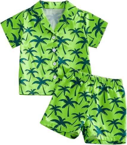 Babieshouse Toddler Baby Summer Pajamas Set Coconut Tree Print Button Down Lapel V Neck Short Sleeve Tops and Shorts in Kuwait