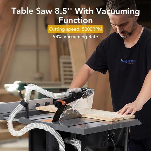 Garvee Dust-Free Table Saw, 15 Amp 8.5 in Portable Jobsite Table Saw with Protective Cover, 5000RPM, 98% Vacuuming Rate, 90° Cross Cut 0-45° Bevel Cut for DIY Woodworking, Metal, Plastic in Kuwait