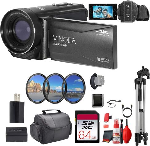 Minolta MN4K300WP Waterproof 4K Camcorder, 56MP Ultra HD Video Camera for Travel (Black) Bundle with 64GB Memory Card + Tripod + More Accessories in Kuwait