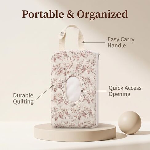 Quilted Diaper Wipe Holder Floral Hanging Pouch Reusable Fabric Wet Wipes Organizer Bag with Zipper and Lanyard for Car Stroller Travel Outdoor Daily Casual Mommy Bag in Kuwait