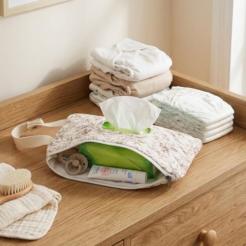 Quilted Diaper Wipe Holder Floral Hanging Pouch Reusable Fabric Wet Wipes Organizer Bag with Zipper and Lanyard for Car Stroller Travel Outdoor Daily Casual Mommy Bag in Kuwait