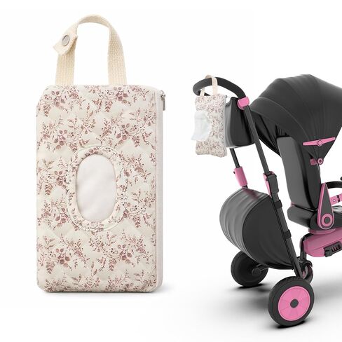 Quilted Diaper Wipe Holder Floral Hanging Pouch Reusable Fabric Wet Wipes Organizer Bag with Zipper and Lanyard for Car Stroller Travel Outdoor Daily Casual Mommy Bag in Kuwait