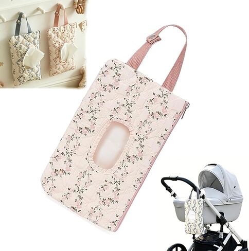 Wipes Dispenser, Floral Quilted Baby Wipe Holder, Pouch Portable Hanging Floral Travel Wet Wipes Bag with Lanyard for Walking, Outdoor Activities, Car, or Home Use(Beige) in Kuwait