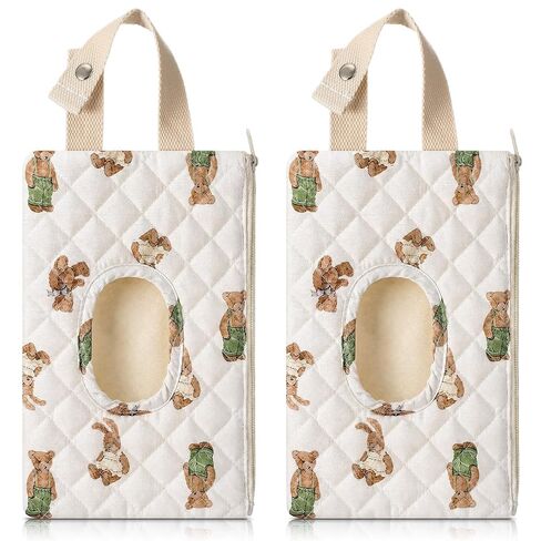 2 Pcs Bear Quilted Diaper and Wipes Pouch Portable Hanging Bear Wet Wipe Bag with Handle Reusable Wipes Pouch for New Parents Stroller Car Shower Nursery Travel Infant Diapering Organizer in Kuwait