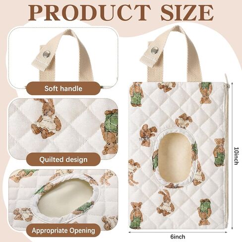2 Pcs Bear Quilted Diaper and Wipes Pouch Portable Hanging Bear Wet Wipe Bag with Handle Reusable Wipes Pouch for New Parents Stroller Car Shower Nursery Travel Infant Diapering Organizer in Kuwait