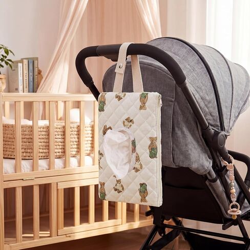 2 Pcs Bear Quilted Diaper and Wipes Pouch Portable Hanging Bear Wet Wipe Bag with Handle Reusable Wipes Pouch for New Parents Stroller Car Shower Nursery Travel Infant Diapering Organizer in Kuwait