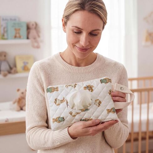2 Pcs Bear Quilted Diaper and Wipes Pouch Portable Hanging Bear Wet Wipe Bag with Handle Reusable Wipes Pouch for New Parents Stroller Car Shower Nursery Travel Infant Diapering Organizer in Kuwait