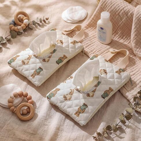 2 Pcs Bear Quilted Diaper and Wipes Pouch Portable Hanging Bear Wet Wipe Bag with Handle Reusable Wipes Pouch for New Parents Stroller Car Shower Nursery Travel Infant Diapering Organizer in Kuwait