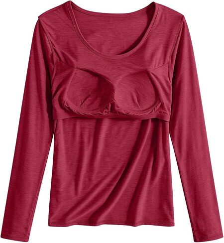 Built in Bra Long Sleeve Tops for Women Slim Fit Padded Solid Basic Tees | Fall Winter Crewneck Layering Undershirts Comfort Long Johns Base Layer Yoga Shelf Bra T-Shirt Underscrubs Lounge Sleepwear in Kuwait