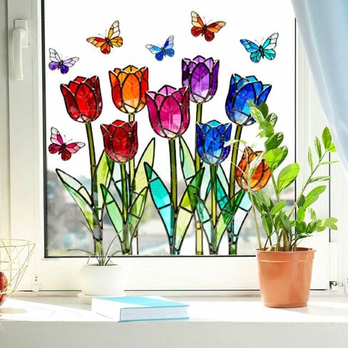 3 Sheets Stained Glass Tulip Window Stickers, Floral Electrostatic Clings for Glass Windows, Removable Reusable Home Deco in Kuwait