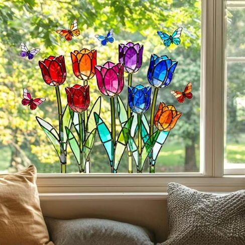 3 Sheets Stained Glass Tulip Window Stickers, Floral Electrostatic Clings for Glass Windows, Removable Reusable Home Deco in Kuwait
