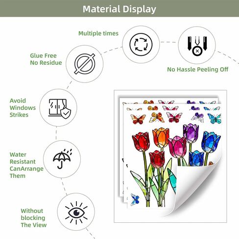 3 Sheets Stained Glass Tulip Window Stickers, Floral Electrostatic Clings for Glass Windows, Removable Reusable Home Deco in Kuwait