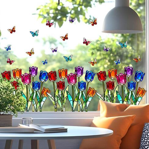 3 Sheets Stained Glass Tulip Window Stickers, Floral Electrostatic Clings for Glass Windows, Removable Reusable Home Deco in Kuwait