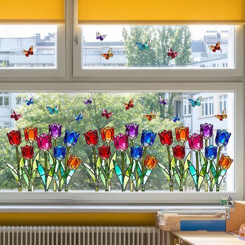 3 Sheets Stained Glass Tulip Window Stickers, Floral Electrostatic Clings for Glass Windows, Removable Reusable Home Deco in Kuwait