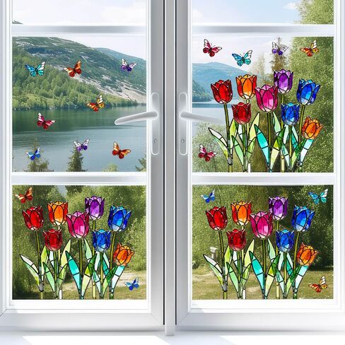 3 Sheets Stained Glass Tulip Window Stickers, Floral Electrostatic Clings for Glass Windows, Removable Reusable Home Deco in Kuwait