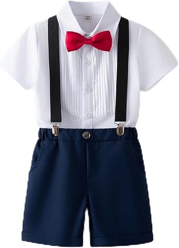 Boys Formal Suit Summer Tuxedo Sets Short Sleeve Shirt with Bowtie and Suspender Shorts Birthday Wedding Outfit 1-12T in Kuwait