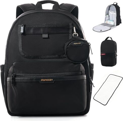 Momcozy GoEase Diaper Bag Backpack - Multi-Pocket, Waterproof and Durable Baby Bag with Changing Pad, Insulated Pouch, Stroller Straps & Laptop Compartment — Baby Essentials for Work and Travel, Black in Kuwait