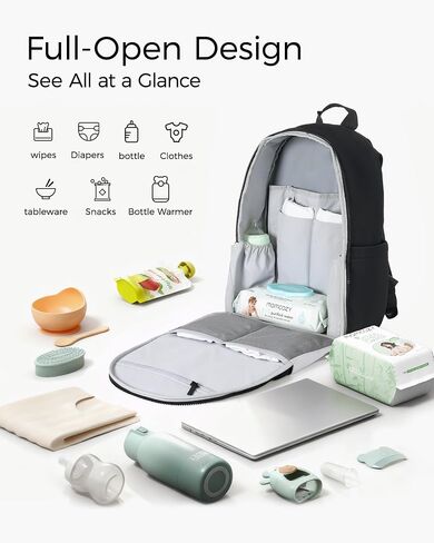 Momcozy GoEase Diaper Bag Backpack - Multi-Pocket, Waterproof and Durable Baby Bag with Changing Pad, Insulated Pouch, Stroller Straps & Laptop Compartment — Baby Essentials for Work and Travel, Black in Kuwait