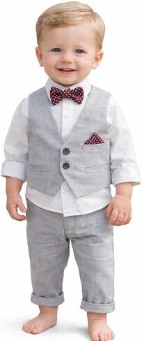 Little Boy 4-Piece Grey Tuxedo Outfit Set – Dress Shirt, Vest, Bow Tie & Pants Toddler Formal Suit for Weddings and Holidays in Kuwait