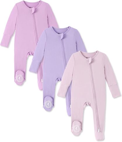 PATPAT 3 Pack Bamboo Viscose Baby Footed Pajamas with Anti-Grips | Fold-Over Mittens, 2-Way Zipper, Super Soft Fiber, Stretchy and Breathable in Kuwait