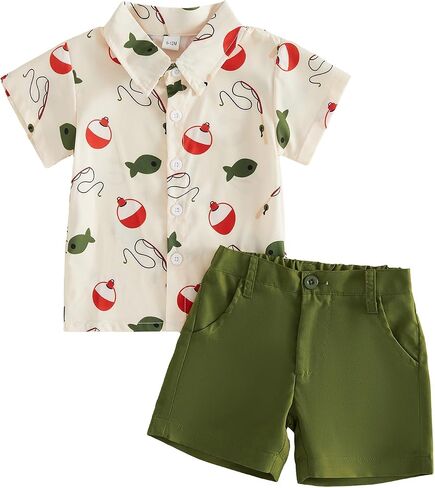 Tsnbre Toddler Baby Boy Summer Clothes 6 12 18 24 Month 2T 3T 4T 5T Fishing Outfit Shorts and Shirt Farm Boys Clothing Set in Kuwait