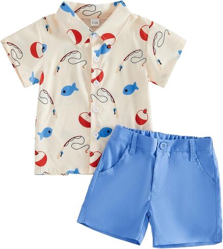 Tsnbre Toddler Baby Boy Summer Clothes 6 12 18 24 Month 2T 3T 4T 5T Fishing Outfit Shorts and Shirt Farm Boys Clothing Set in Kuwait