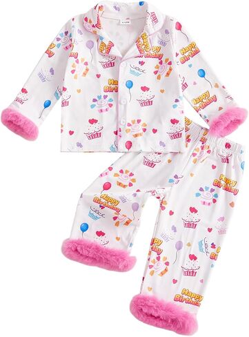 Toddler Girl Birthday Pajamas Feather Trim Shirts Pants Set Loungewear | Kids Girls Pajamas Birthday Ball Print Long Sleeve Shirt and Elastic Pants 2Pcs Pjs Set Sleepwear for Birthday,Daily,Sleep in Kuwait