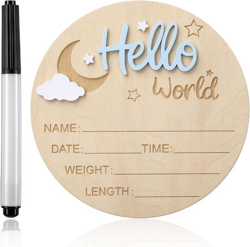 Baby Birth Announcement Signs Baby Announcement Sign 5.9 Inch Wooden Hello Worlds Newborn Sign Pen Newborn Name Date Weight Length Board Hospital Nursery Babies Shower Photo Prop in Kuwait