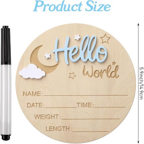Baby Birth Announcement Signs Baby Announcement Sign 5.9 Inch Wooden Hello Worlds Newborn Sign Pen Newborn Name Date Weight Length Board Hospital Nursery Babies Shower Photo Prop in Kuwait