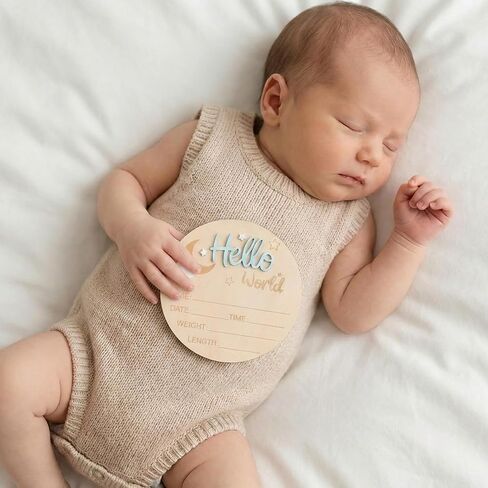 Baby Birth Announcement Signs Baby Announcement Sign 5.9 Inch Wooden Hello Worlds Newborn Sign Pen Newborn Name Date Weight Length Board Hospital Nursery Babies Shower Photo Prop in Kuwait