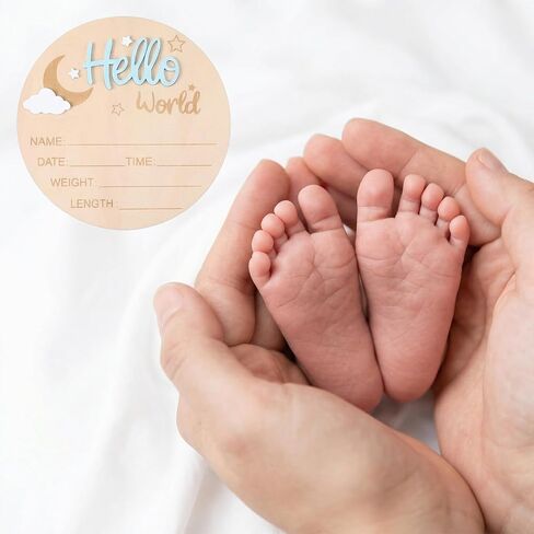 Baby Birth Announcement Signs Baby Announcement Sign 5.9 Inch Wooden Hello Worlds Newborn Sign Pen Newborn Name Date Weight Length Board Hospital Nursery Babies Shower Photo Prop in Kuwait