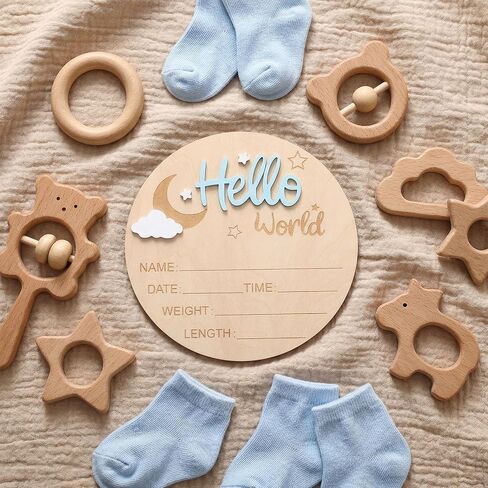 Baby Birth Announcement Signs Baby Announcement Sign 5.9 Inch Wooden Hello Worlds Newborn Sign Pen Newborn Name Date Weight Length Board Hospital Nursery Babies Shower Photo Prop in Kuwait