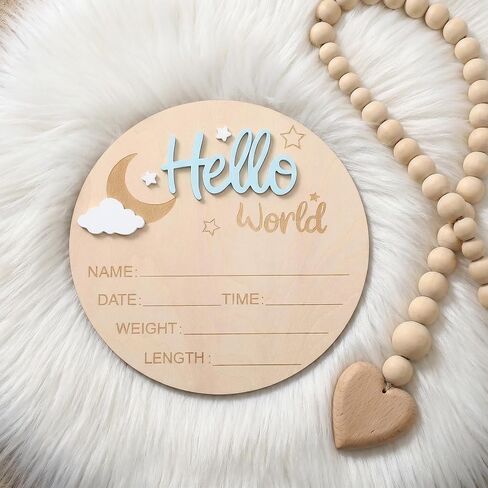 Baby Birth Announcement Signs Baby Announcement Sign 5.9 Inch Wooden Hello Worlds Newborn Sign Pen Newborn Name Date Weight Length Board Hospital Nursery Babies Shower Photo Prop in Kuwait