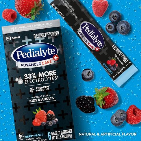 Pedialyte AdvancedCare Plus Berry Frost Bundle - 4 Pack 1L Electrolyte Drinks with 33% More Electrolytes & 6 Powder Packets with PreActiv Prebiotics in Kuwait