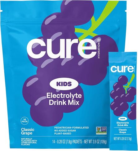 Cure Hydration - Kids Electrolyte Drink Mix | Plant-Based Pediatrician Formulated Rehydration | No Added Sugar, Non-GMO, Gluten-Free, No Artificial Flavors | 14 Packets - Classic Grape in Kuwait