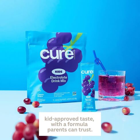 Cure Hydration - Kids Electrolyte Drink Mix | Plant-Based Pediatrician Formulated Rehydration | No Added Sugar, Non-GMO, Gluten-Free, No Artificial Flavors | 14 Packets - Classic Grape in Kuwait