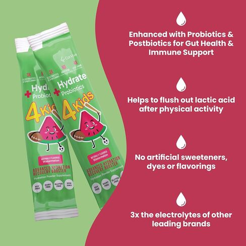 CorVive Kids Hydrate Electrolyte Drink Mix - Watermelon Flavor - Daily Hydration Powder w/Probiotics, Postbiotics, Vitamin C & Magnesium - No Artificial Sweeteners or Dyes - 15 Individual Stick Packs in Kuwait