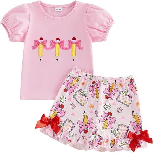Kavousa Kids Toddler Girl School Kindergarten Pre K Outfit Short Sleeve Shirt Top and Shorts Set Little Girl Summer Clothes in Kuwait