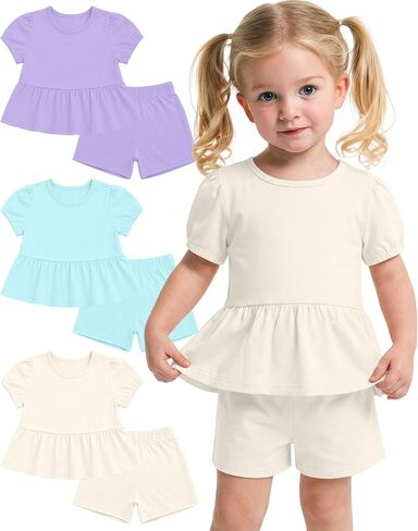 3 Pack Toddler Girls 2 Piece Summer Outfits Baby Set Puff Short Sleeve Ruffle Tops and Shorts Cute Clothing Set in Kuwait