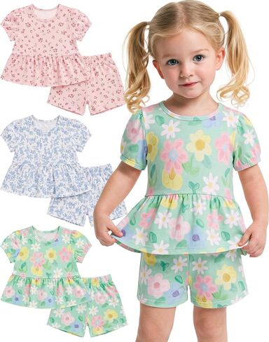 3 Pack Toddler Girls 2 Piece Summer Outfits Baby Set Puff Short Sleeve Ruffle Tops and Shorts Cute Clothing Set in Kuwait
