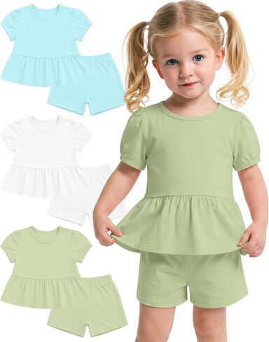 3 Pack Toddler Girls 2 Piece Summer Outfits Baby Set Puff Short Sleeve Ruffle Tops and Shorts Cute Clothing Set in Kuwait