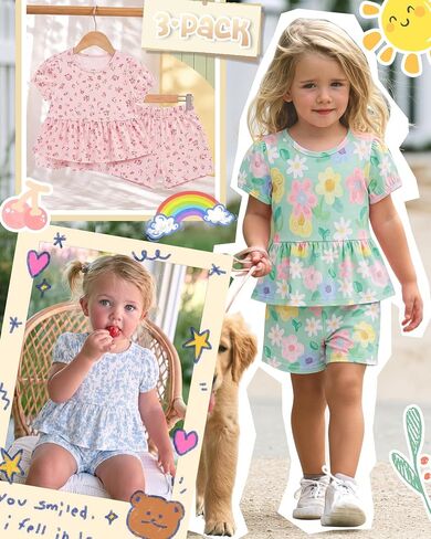 3 Pack Toddler Girls 2 Piece Summer Outfits Baby Set Puff Short Sleeve Ruffle Tops and Shorts Cute Clothing Set in Kuwait